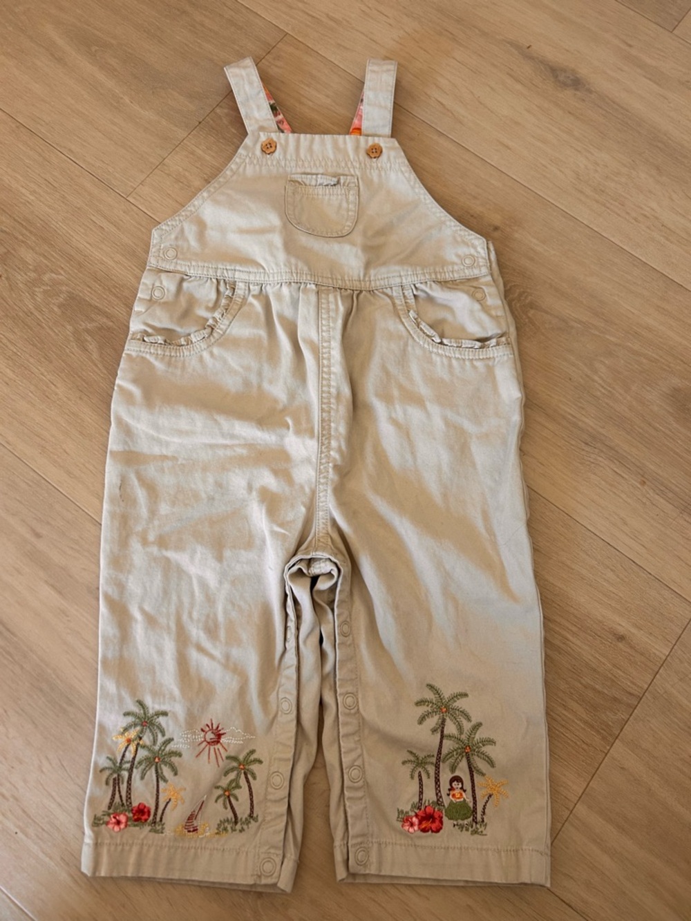 Vintage Gymboree Y2K aloha 2002 Kids Beige Embroidered Palm-Print Overalls